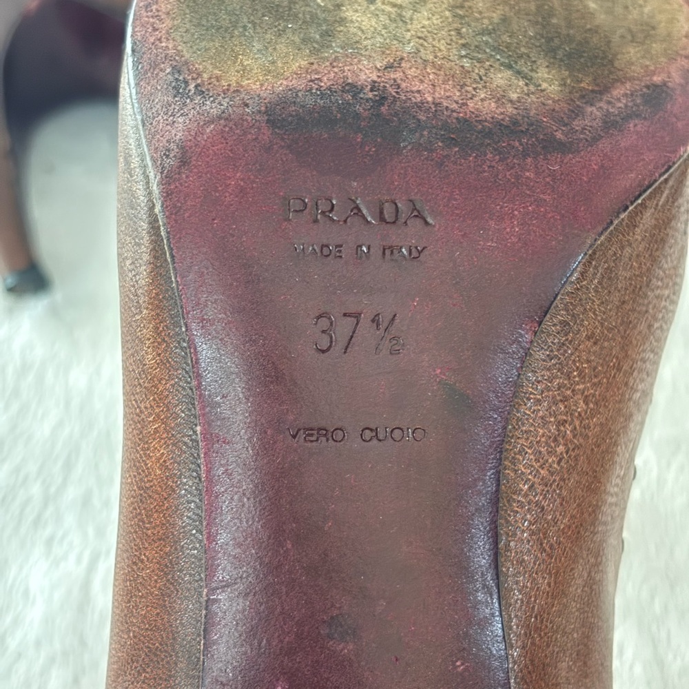 PRADA | Vintage Brown Red‎ Leather Floral Stitch Appliqué Pointed Pumps EU 37.5 - Picture 14 of 14